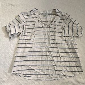 Sunday Cotton Linen Blend 3/4 Sleeve White Blue Stripe Top Size XL